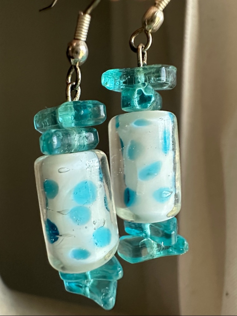 Lampwork Handmade Spotted Blue & White Glass Bead and Chip Glass Drop Earrings